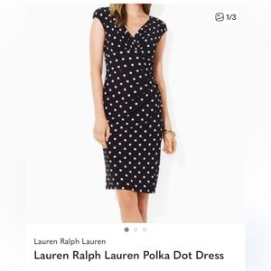 Ralph Lauren Dark Navy Dress with Tan Polka Dots Body Con Flutter Sleeve 10P